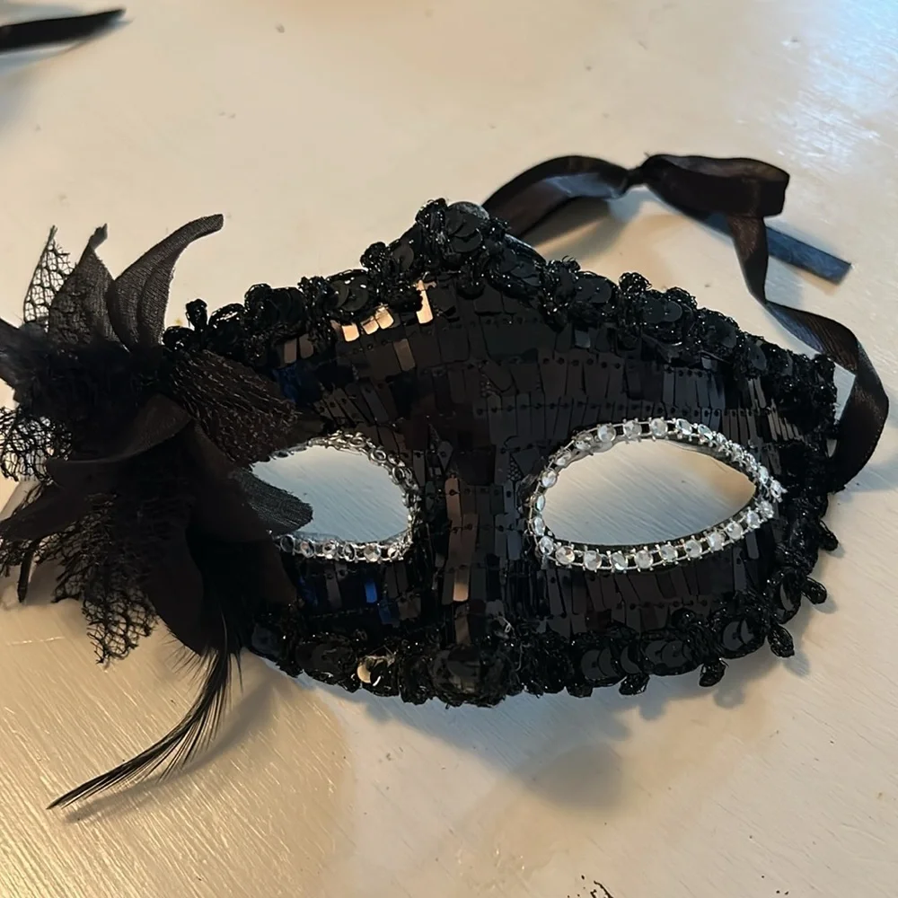 Black sequins, glitter & White/Silver Masquerade Masks with Strings